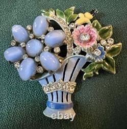 Fabulous Unsigned Vintage Corocraft Enamel Rhinestone Basket Brooch