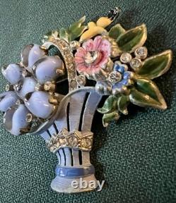Fabulous Unsigned Vintage Corocraft Enamel Rhinestone Basket Brooch