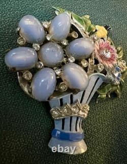 Fabulous Unsigned Vintage Corocraft Enamel Rhinestone Basket Brooch