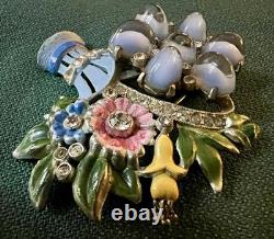 Fabulous Unsigned Vintage Corocraft Enamel Rhinestone Basket Brooch