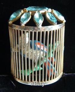 Fabulous VTG Brooch Bird Cage 3D Enamel Blue Topaz Rhinestone Unsigned STARET