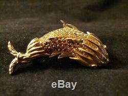 Fabulous Vintage Signed CINER Gold Tone Rhinestone-Studded Fish Brooch