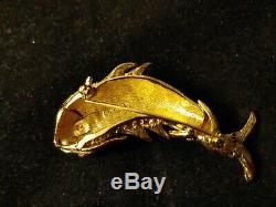 Fabulous Vintage Signed CINER Gold Tone Rhinestone-Studded Fish Brooch
