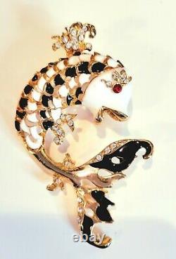 Famous PANETTA Dolphin Fish Vintage Brooch Gold Enamel Rhinestones, Book Piece