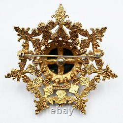 Florenza 7 Point Star Pin Brooch 2 Rhinestones Pearls Black Enamel Gold Vintage