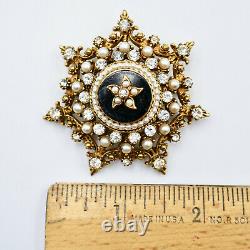 Florenza 7 Point Star Pin Brooch 2 Rhinestones Pearls Black Enamel Gold Vintage
