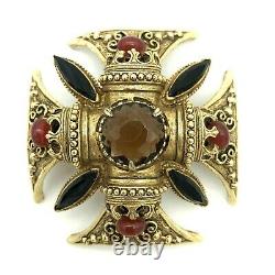 Florenza Gilt Maltese Cross Amber Topaz Rhinestones Brooch Pendant Vintage