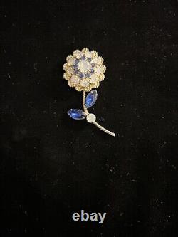 Flower Brooch Vintage Blue Rhinestone And Opalite Gold Tone