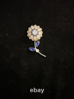 Flower Brooch Vintage Blue Rhinestone And Opalite Gold Tone