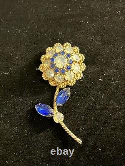 Flower Brooch Vintage Blue Rhinestone And Opalite Gold Tone