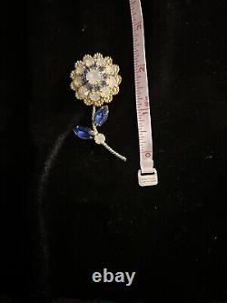 Flower Brooch Vintage Blue Rhinestone And Opalite Gold Tone