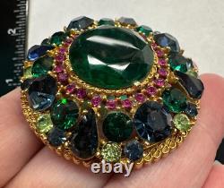 Flower Green Purple Blue Rhinestone ART ARTHUR PEPPER Vintage Brooch Gold J-085