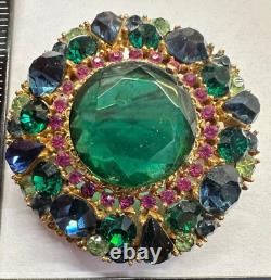 Flower Green Purple Blue Rhinestone ART ARTHUR PEPPER Vintage Brooch Gold J-085