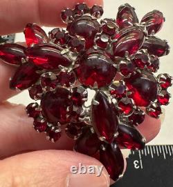 Flower Red Navette Rhinestone JULIANA Vintage Pin Brooch Silver J-057