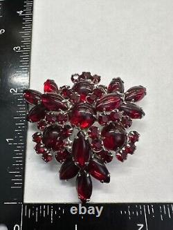 Flower Red Navette Rhinestone JULIANA Vintage Pin Brooch Silver J-057