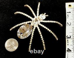 GIGANTIC Vintage SPIDER PIN BROOCH With 3 LARGE CRYSTALS Rhinestones SILVER TONE