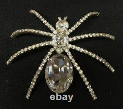 GIGANTIC Vintage SPIDER PIN BROOCH With 3 LARGE CRYSTALS Rhinestones SILVER TONE