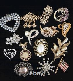 GORGEOUS Vintage Rhinestone Pearl Brooch Lot Of 15 Brilliant Bright Multi-color
