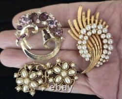GORGEOUS Vintage Rhinestone Pearl Brooch Lot Of 15 Brilliant Bright Multi-color