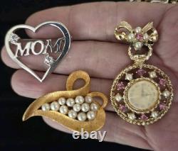 GORGEOUS Vintage Rhinestone Pearl Brooch Lot Of 15 Brilliant Bright Multi-color
