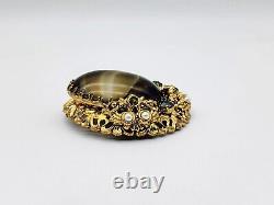 German Vintage Brown Porphyry Glass Cabochon Pearl Rhinestone Jewelry Brooch/pin
