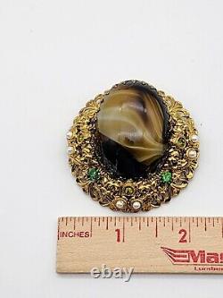 German Vintage Brown Porphyry Glass Cabochon Pearl Rhinestone Jewelry Brooch/pin