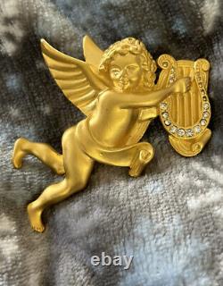 Givenchy Gold Vintage Angel Pin Brooch Cherub Harp Rhinestone Runway Signed