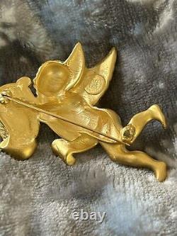 Givenchy Gold Vintage Angel Pin Brooch Cherub Harp Rhinestone Runway Signed