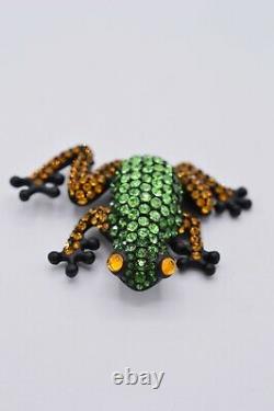 Givenchy Vintage Frog Brooch Cabochon Rhinestone Crystal Green Amber Signed Bin4