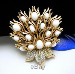 Gorgeous Crown Trifari White Lucite Cabochons Rhinestone Brooch