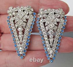 Gorgeous Pair Art Deco Vintage Blue & Crystal Rhinestone Dress Clips Brooch