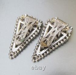 Gorgeous Pair Art Deco Vintage Blue & Crystal Rhinestone Dress Clips Brooch