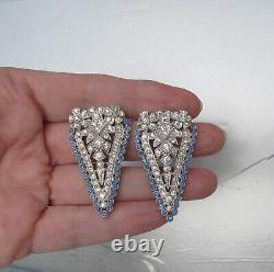 Gorgeous Pair Art Deco Vintage Blue & Crystal Rhinestone Dress Clips Brooch