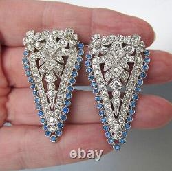 Gorgeous Pair Art Deco Vintage Blue & Crystal Rhinestone Dress Clips Brooch