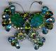 Gorgeous Vintage Carved Blue & Green Glass Rhinestone Butterfly Pin Brooch
