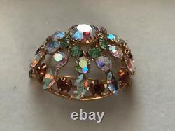 Gorgeous Vintage French Rhinestones Round Brooch Brown, Clear, Green 4cm