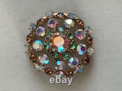 Gorgeous Vintage French Rhinestones Round Brooch Brown, Clear, Green 4cm