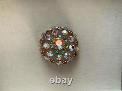 Gorgeous Vintage French Rhinestones Round Brooch Brown, Clear, Green 4cm