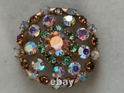 Gorgeous Vintage French Rhinestones Round Brooch Brown, Clear, Green 4cm
