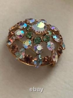 Gorgeous Vintage French Rhinestones Round Brooch Brown, Clear, Green 4cm