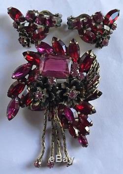 Gorgeous Vintage Fuchsia Pink Art Glass Red Rhinestone Pin Brooch & Earrings Set
