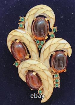 Gorgeous Vintage Trifari L'Orient Enamel Rhinestone Cabachon Brooch VINTAGE