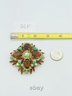 Gorgeous Vtg JULIANA Yellow Amber Green Glass Rhinestone Flower Large Brooch Pin