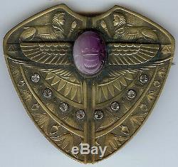 Great Antique 1920's Brass & Rhinestone Egyptian Purple Scarab Sash Pin Brooch