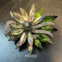 Green Ab Mini-ruffle Unsigned Vintage Navettes Brooch