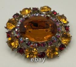 H. Pomerantz Co NY Domed BROOCH Topaz Color Glass Ab Rhinestone Vintage Jewelry
