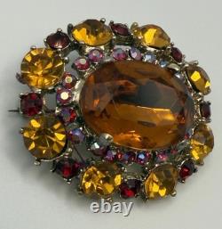 H. Pomerantz Co NY Domed BROOCH Topaz Color Glass Ab Rhinestone Vintage Jewelry