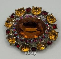 H. Pomerantz Co NY Domed BROOCH Topaz Color Glass Ab Rhinestone Vintage Jewelry