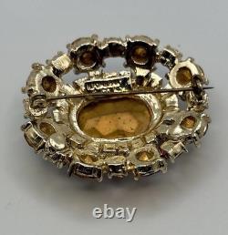 H. Pomerantz Co NY Domed BROOCH Topaz Color Glass Ab Rhinestone Vintage Jewelry