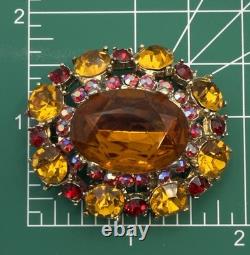 H. Pomerantz Co NY Domed BROOCH Topaz Color Glass Ab Rhinestone Vintage Jewelry